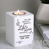 Personalised Life & Love White Wooden Tea Light Holder