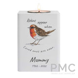 Personalised Robins Appear White Wooden Tea light Holder